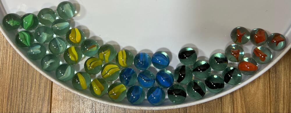 42 Vintage Glass Marbles 1/2” Mixed Colors Cat Eye Ribbon Game Marbles Lot